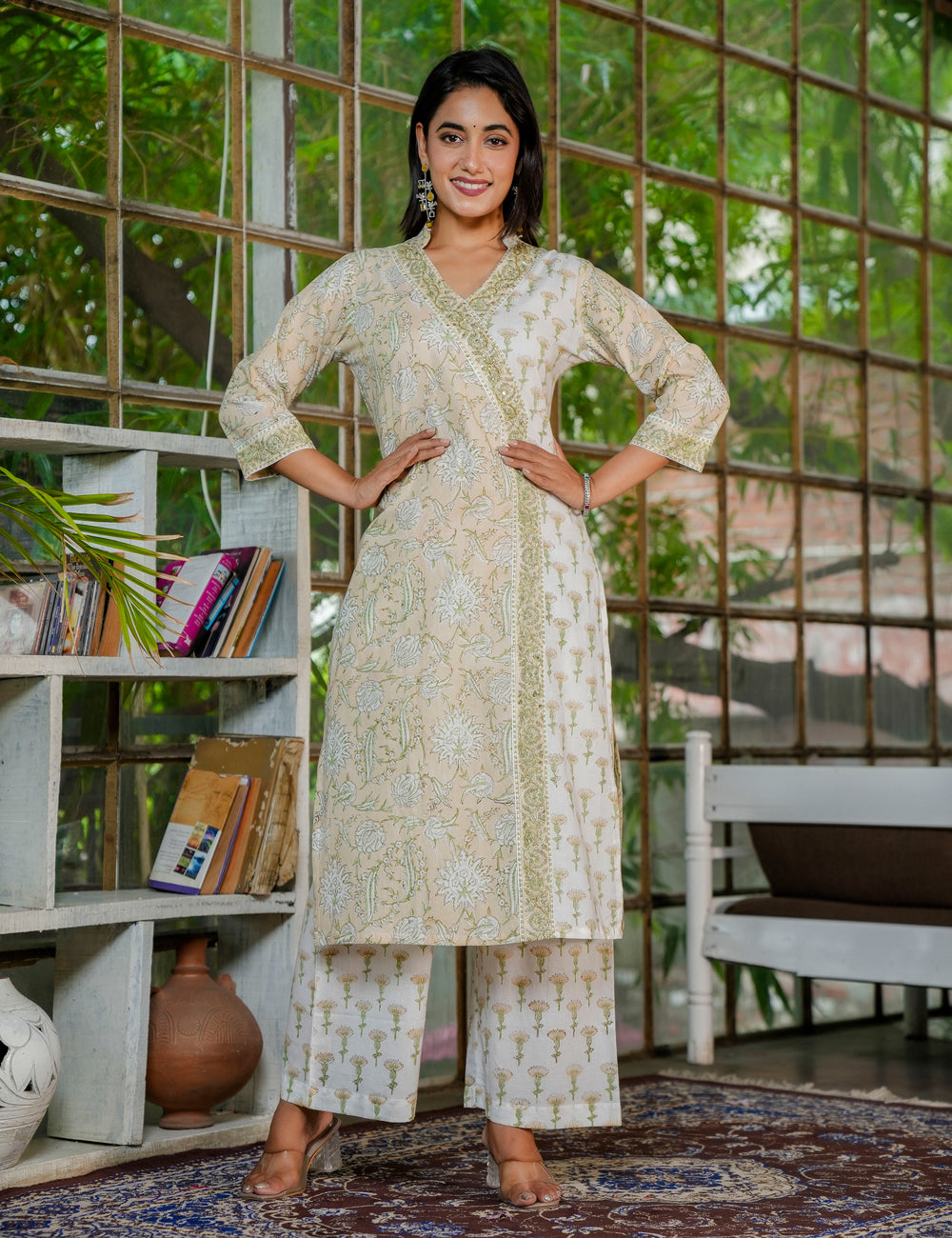 Olive Bloom Hand Block Printed V-Neckline Cotton Kurta Set with Kota Doria Dupatta - HL31