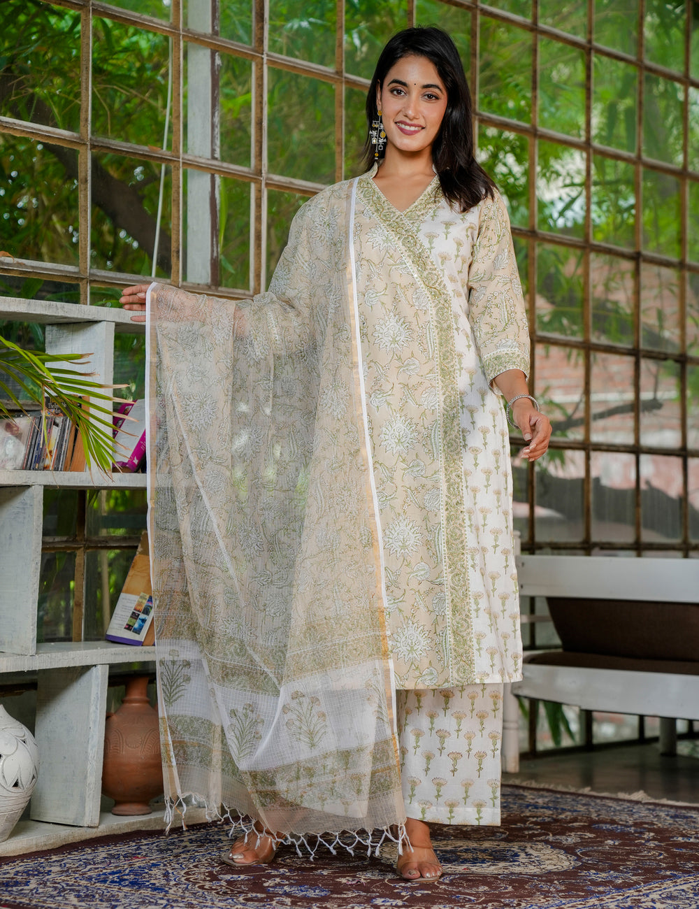 Olive Bloom Hand Block Printed V-Neckline Cotton Kurta Set with Kota Doria Dupatta - HL31
