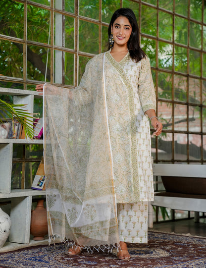 Olive Bloom Hand Block Printed V-Neckline Cotton Kurta Set with Kota Doria Dupatta - HL31