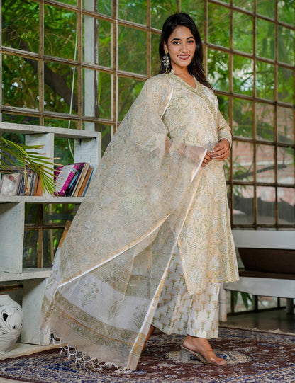 Olive Bloom Hand Block Printed V-Neckline Cotton Kurta Set with Kota Doria Dupatta - HL31
