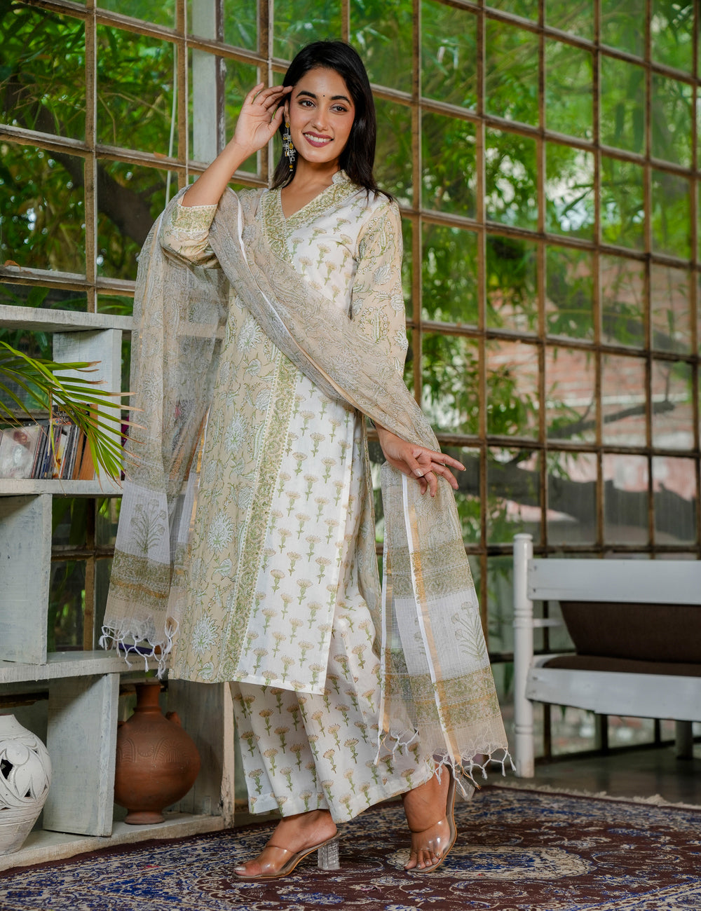Olive Bloom Hand Block Printed V-Neckline Cotton Kurta Set with Kota Doria Dupatta - HL31