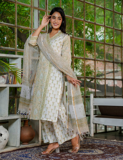 Olive Bloom Hand Block Printed V-Neckline Cotton Kurta Set with Kota Doria Dupatta - HL31