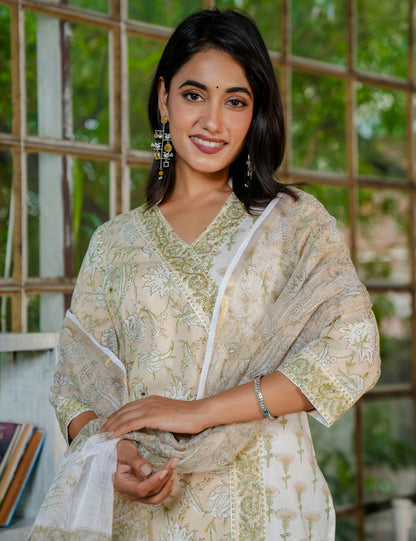 Olive Bloom Hand Block Printed V-Neckline Cotton Kurta Set with Kota Doria Dupatta - HL31
