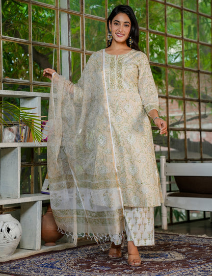 Olive Bloom Hand-Block Printed Straight Fit Cotton Kurta Set with Kota Doria Dupatta - HL32