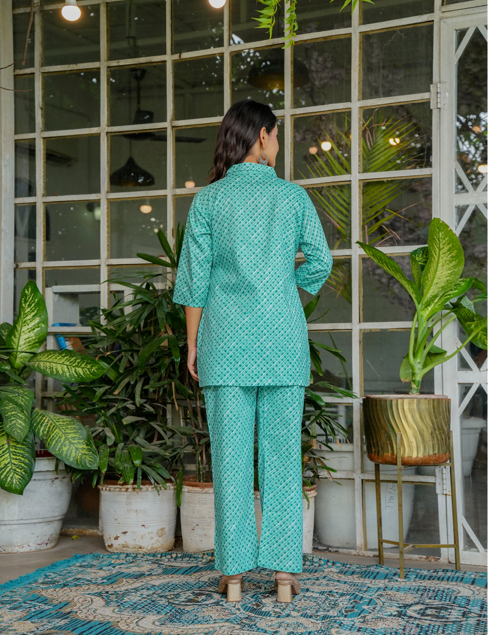 Diamond pattern in darker green and off-white Sanganeri Printed Cotton Co-ord Set - HL132