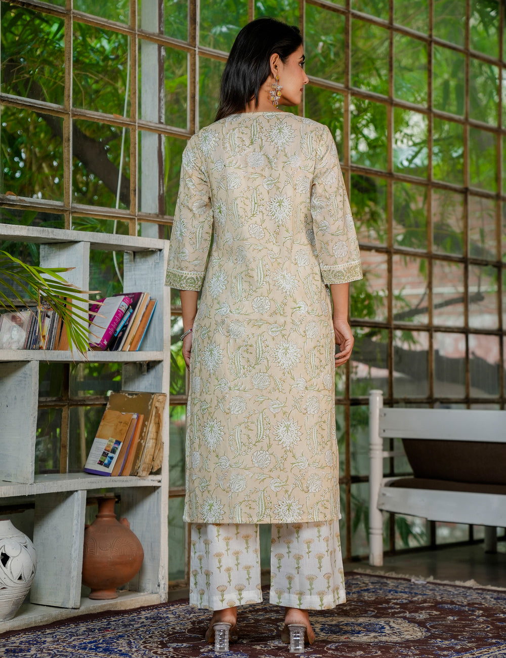 Olive Bloom Hand-Block Printed Straight Fit Cotton Kurta Set with Kota Doria Dupatta - HL32