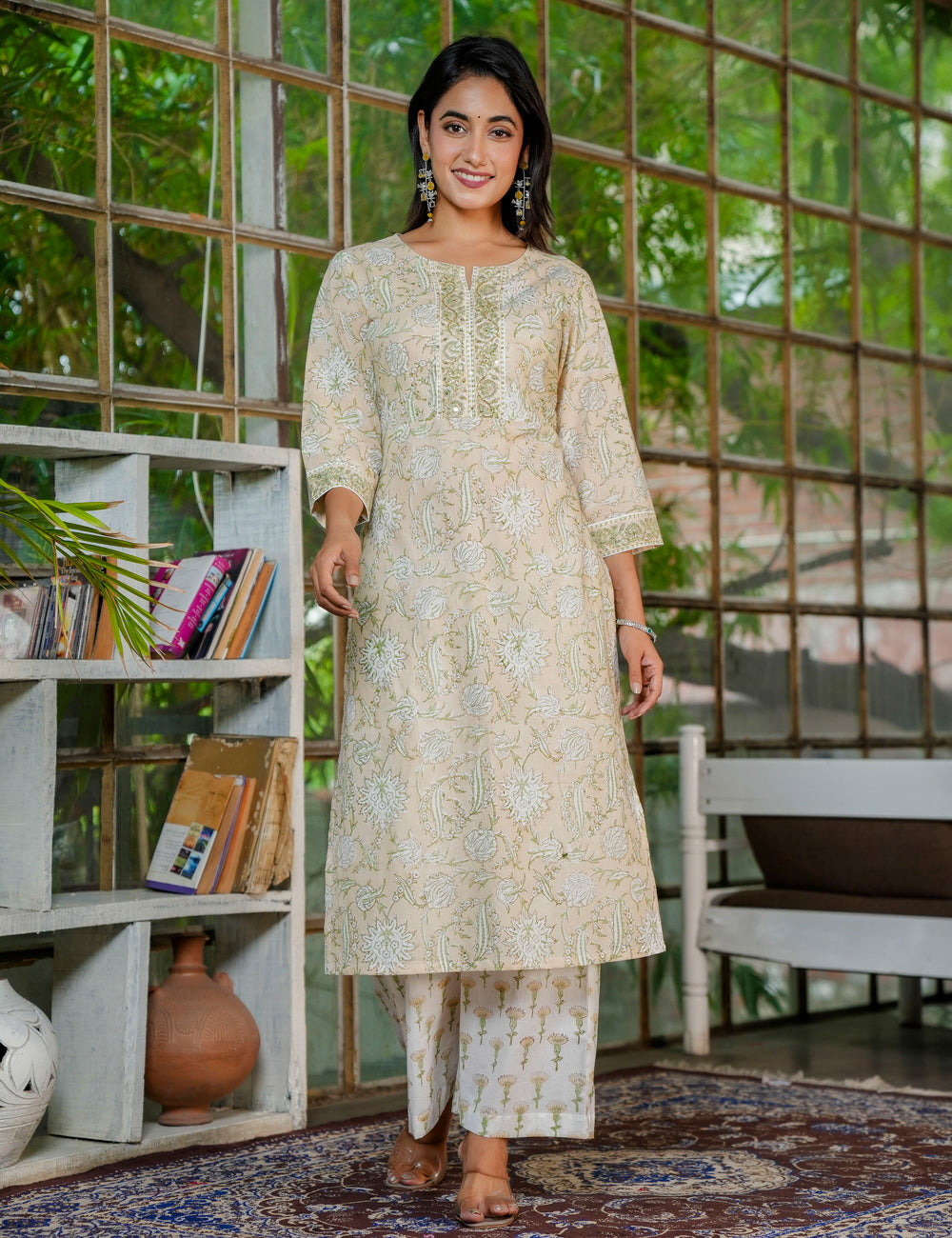Olive Bloom Hand-Block Printed Straight Fit Cotton Kurta Set with Kota Doria Dupatta - HL32