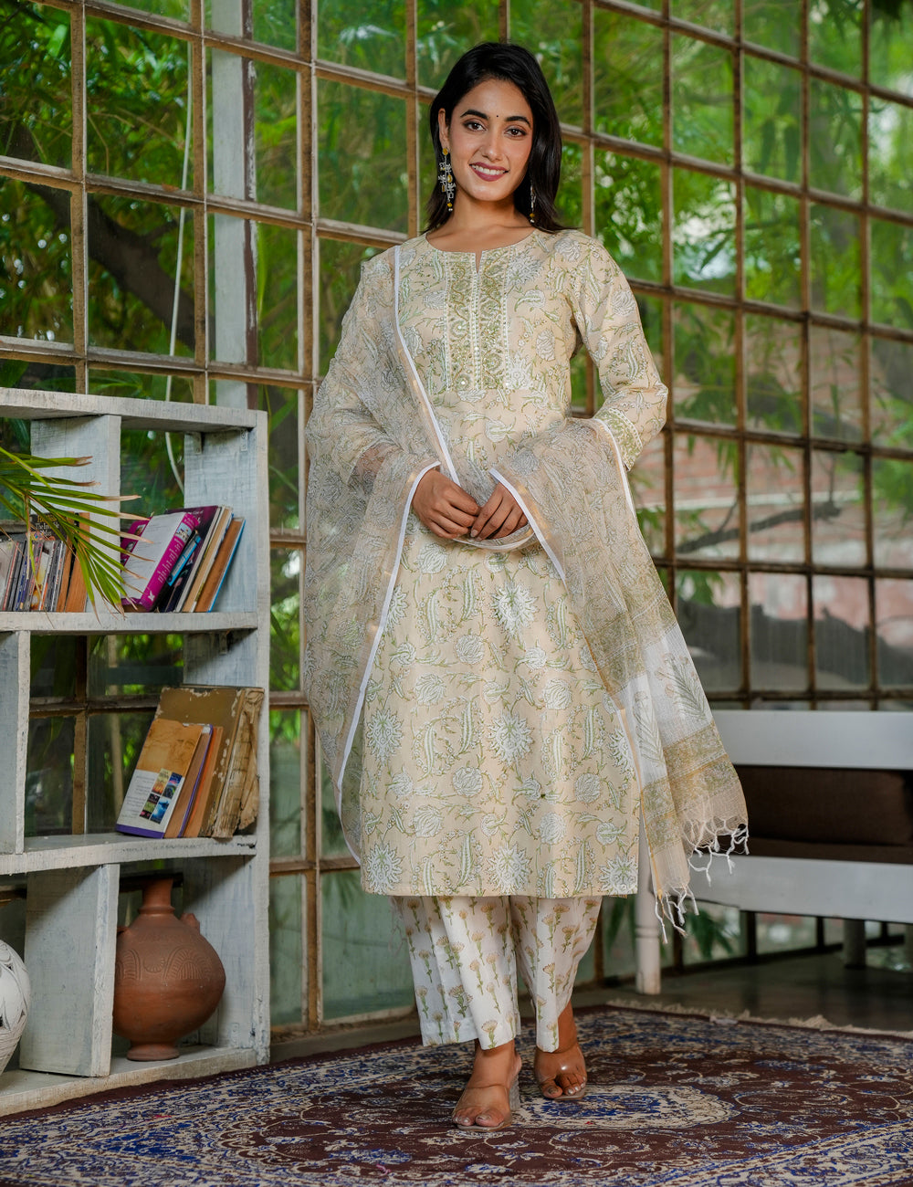 Olive Bloom Hand-Block Printed Straight Fit Cotton Kurta Set with Kota Doria Dupatta - HL32