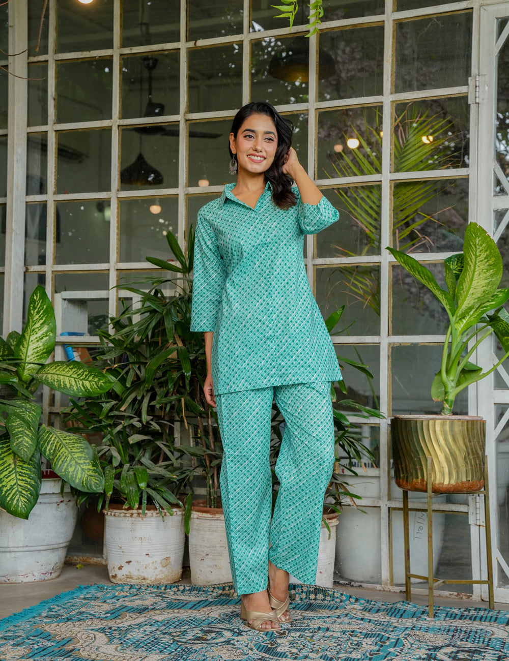 Diamond pattern in darker green and off-white Sanganeri Printed Cotton Co-ord Set - HL132