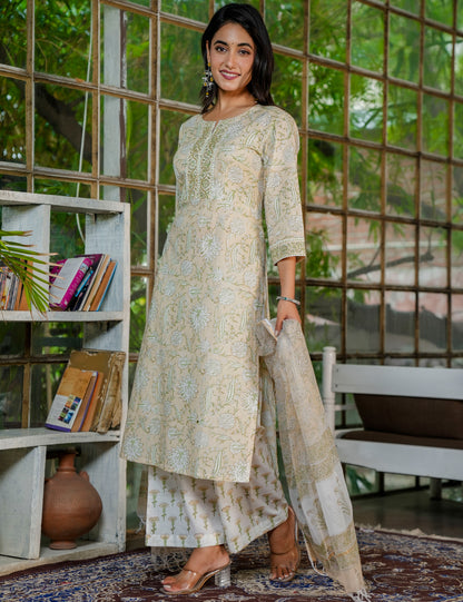 Olive Bloom Hand-Block Printed Straight Fit Cotton Kurta Set with Kota Doria Dupatta - HL32