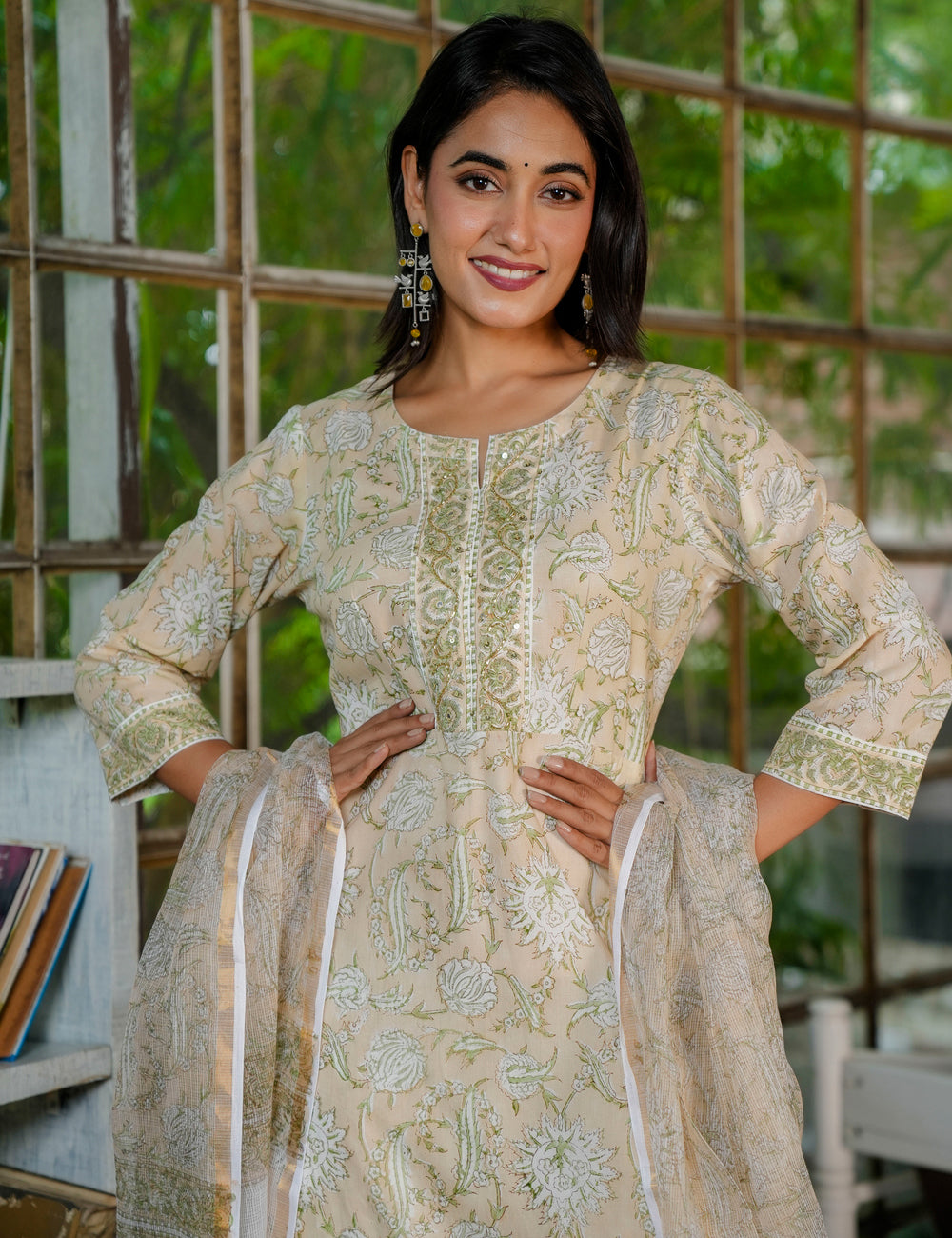 Olive Bloom Hand-Block Printed Straight Fit Cotton Kurta Set with Kota Doria Dupatta - HL32