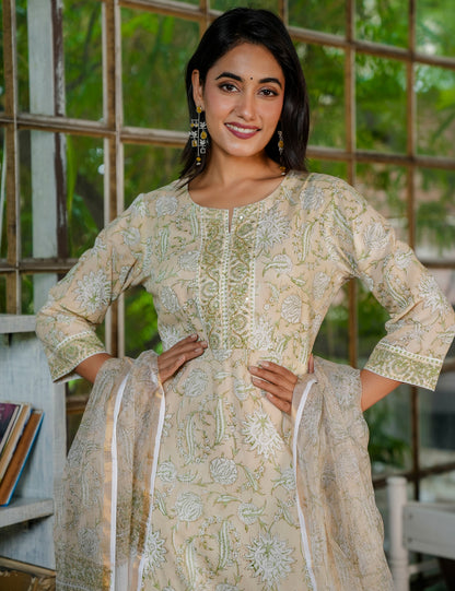 Olive Bloom Hand-Block Printed Straight Fit Cotton Kurta Set with Kota Doria Dupatta - HL32