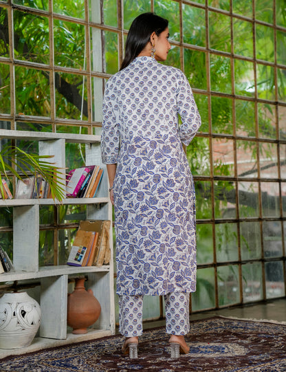 Floral Hand-Block Printed Cotton Collared Neckline Kurta Set with Kota Doria Dupatta - HL33