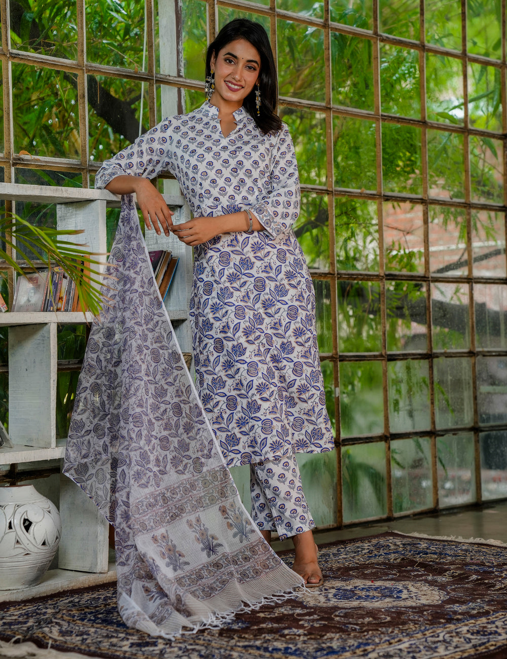Floral Hand-Block Printed Cotton Collared Neckline Kurta Set with Kota Doria Dupatta - HL33