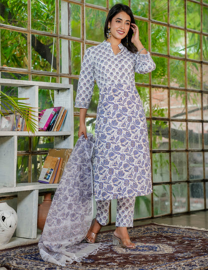 Floral Hand-Block Printed Cotton Collared Neckline Kurta Set with Kota Doria Dupatta - HL33