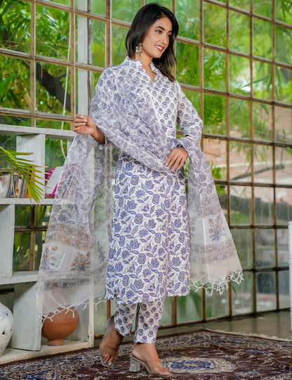 Floral Hand-Block Printed Cotton Collared Neckline Kurta Set with Kota Doria Dupatta - HL33