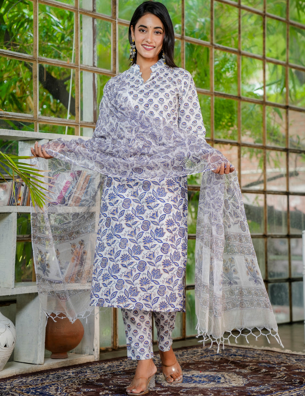 Floral Hand-Block Printed Cotton Collared Neckline Kurta Set with Kota Doria Dupatta - HL33