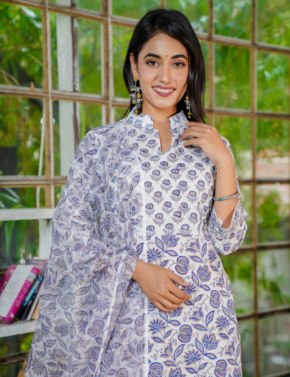 Floral Hand-Block Printed Cotton Collared Neckline Kurta Set with Kota Doria Dupatta - HL33