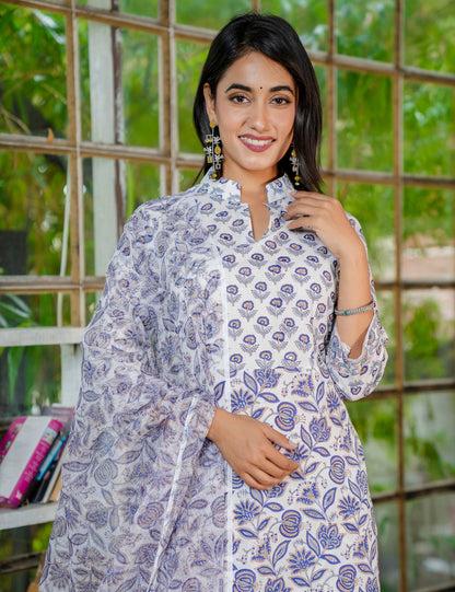 Floral Hand-Block Printed Cotton Collared Neckline Kurta Set with Kota Doria Dupatta - HL33