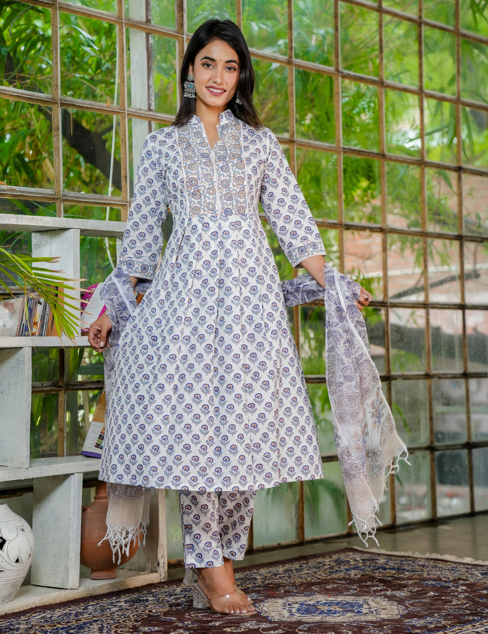 Floral Hand-Block Printed Cotton V- Slit Collared Neckline Kurta Set with Kota Doria Dupatta - HL34
