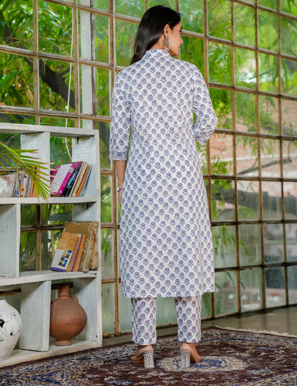 Floral Hand-Block Printed Cotton V- Slit Collared Neckline Kurta Set with Kota Doria Dupatta - HL34