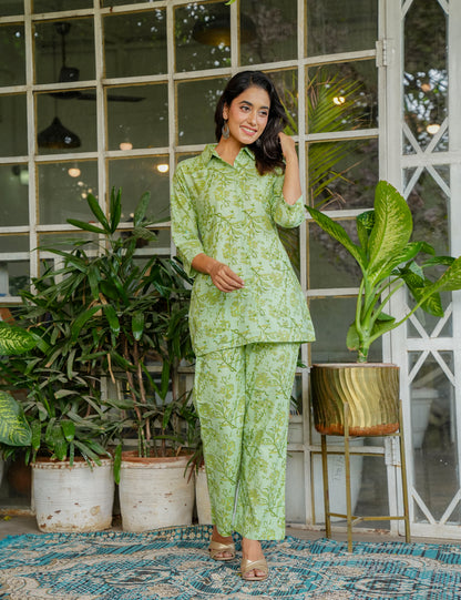 Light green Sanganeri Printed Relaxed Fit Shirt-style Cotton Co-ord Set - HL134