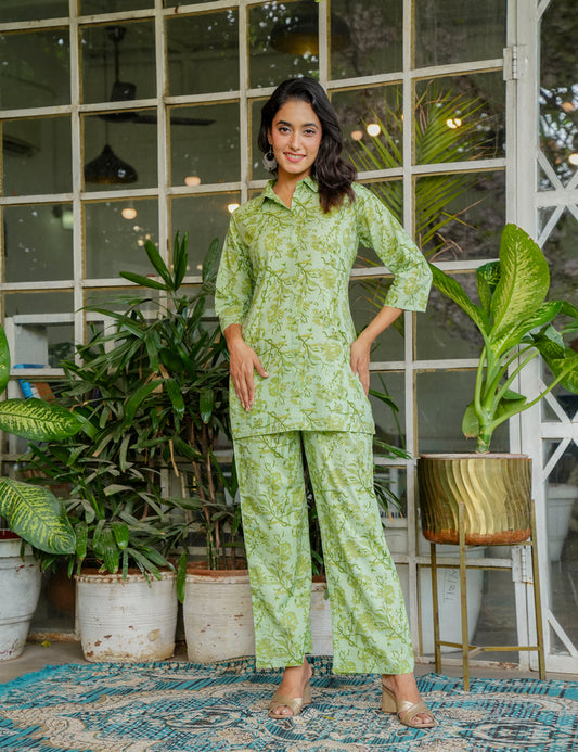 Light green Sanganeri Printed Relaxed Fit Shirt-style Cotton Co-ord Set - HL134
