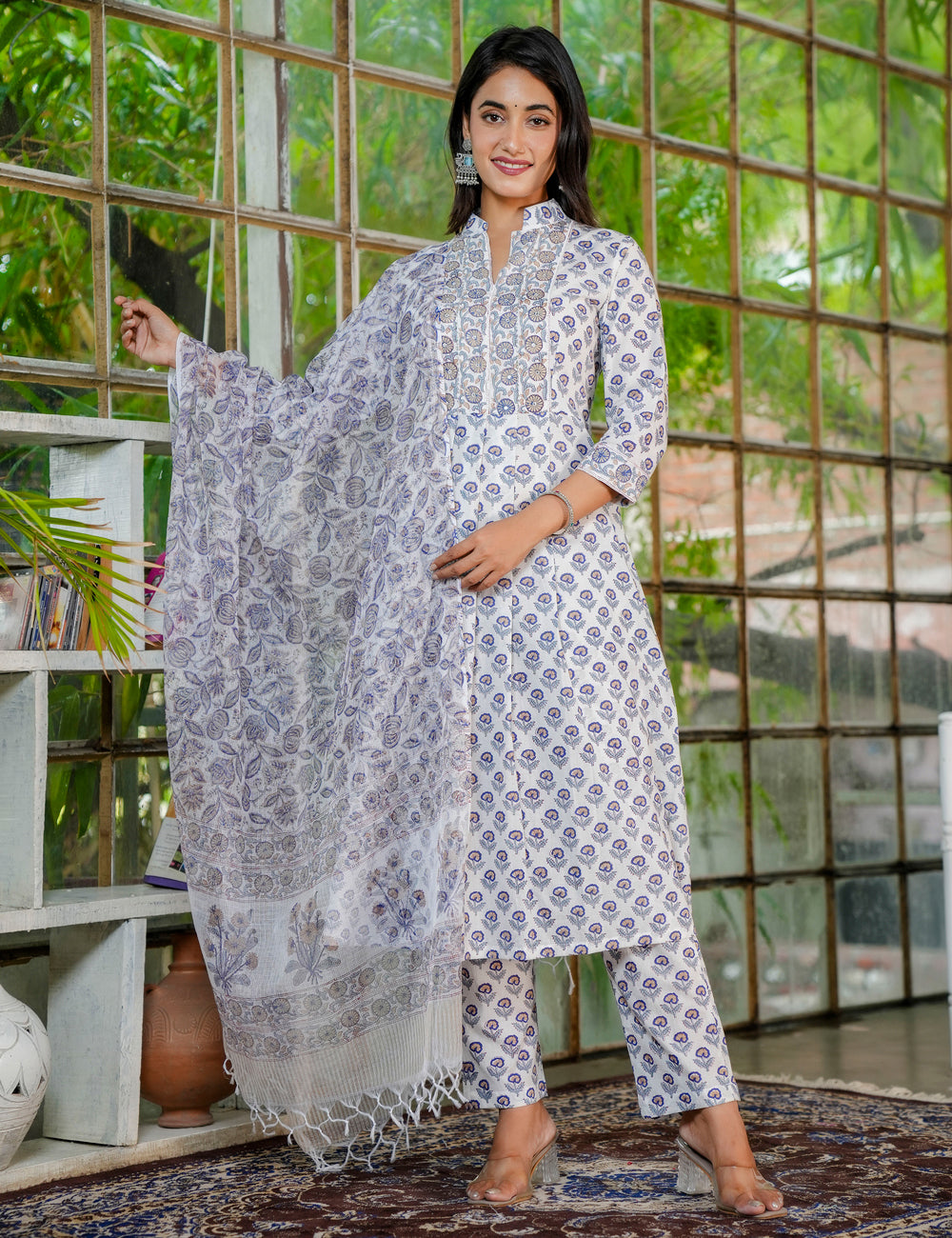 Floral Hand-Block Printed Cotton V- Slit Collared Neckline Kurta Set with Kota Doria Dupatta - HL34