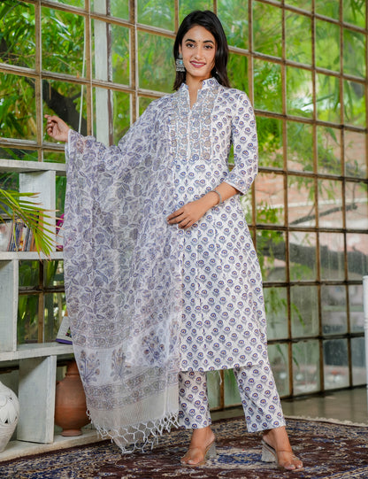 Floral Hand-Block Printed Cotton V- Slit Collared Neckline Kurta Set with Kota Doria Dupatta - HL34
