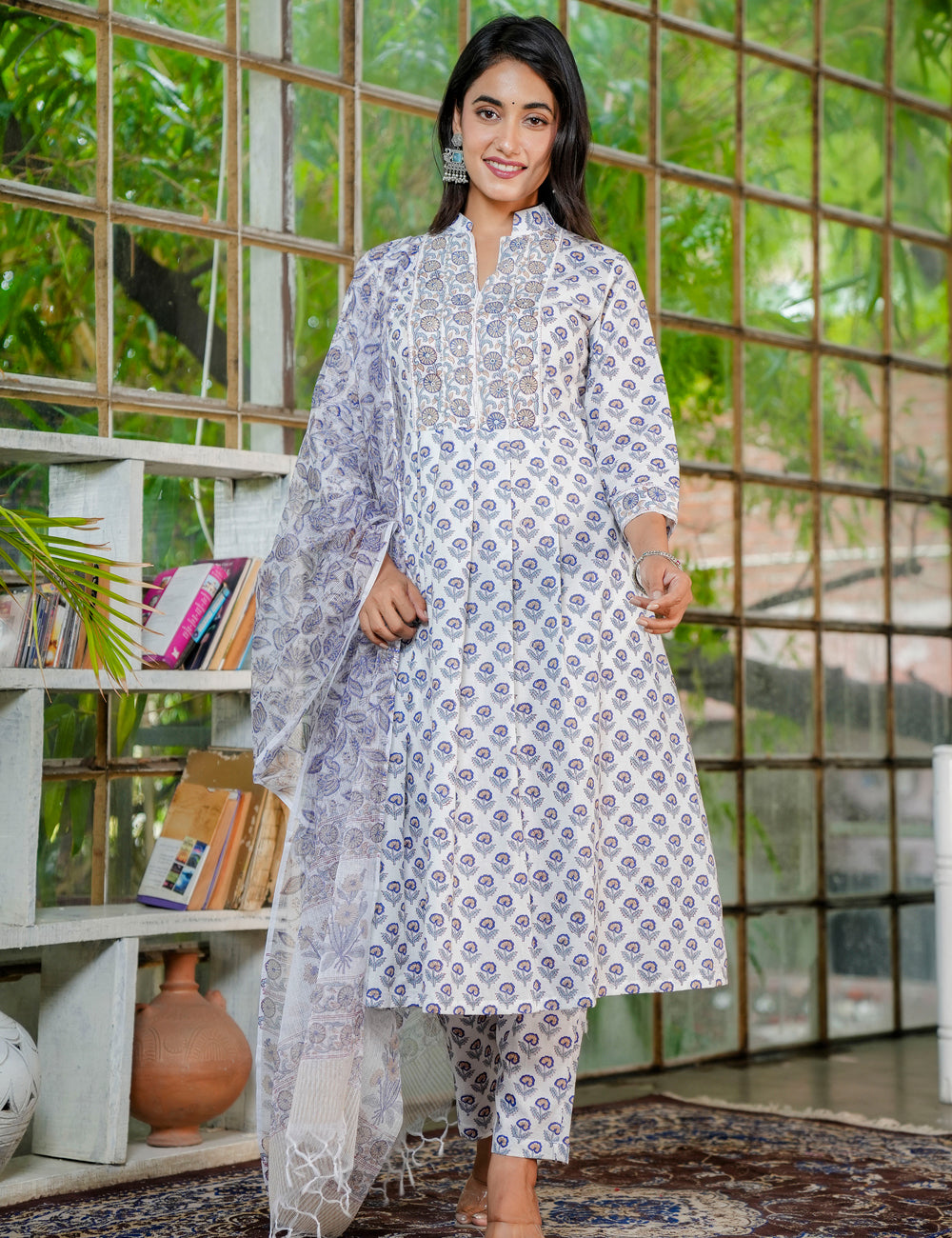 Floral Hand-Block Printed Cotton V- Slit Collared Neckline Kurta Set with Kota Doria Dupatta - HL34