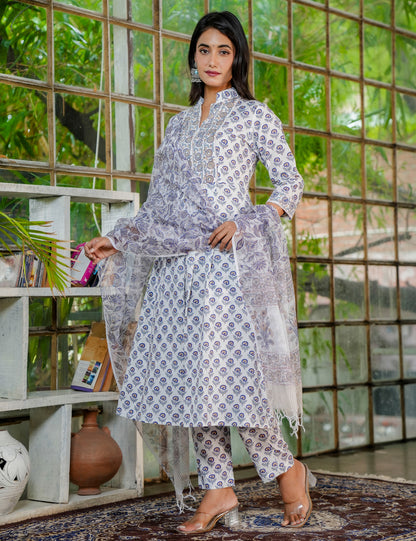 Floral Hand-Block Printed Cotton V- Slit Collared Neckline Kurta Set with Kota Doria Dupatta - HL34