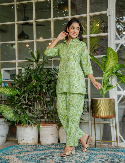 Light green Sanganeri Printed Relaxed Fit Shirt-style Cotton Co-ord Set - HL134