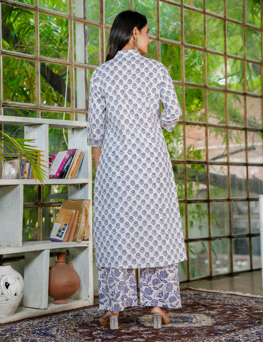 Floral Hand-Block Printed Cotton A-line Collared Neckline Kurta Set with Kota Doria Dupatta - HL35