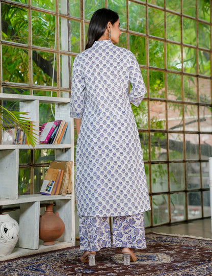 Floral Hand-Block Printed Cotton A-line Collared Neckline Kurta Set with Kota Doria Dupatta - HL35