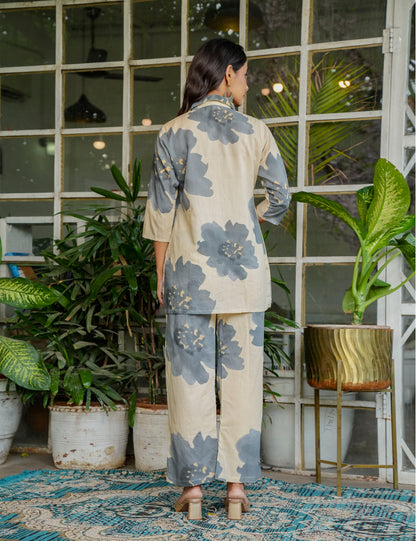 Smoky grey floral motifs Sanganeri Printed Relaxed Fit Cotton Co-ord Set - HL135