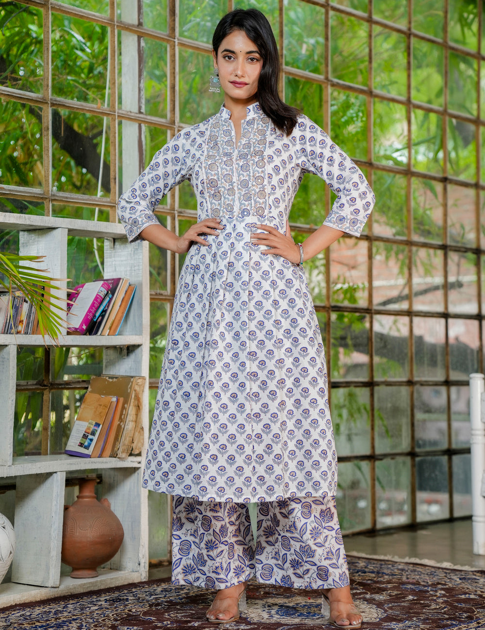 Floral Hand-Block Printed Cotton A-line Collared Neckline Kurta Set with Kota Doria Dupatta - HL35