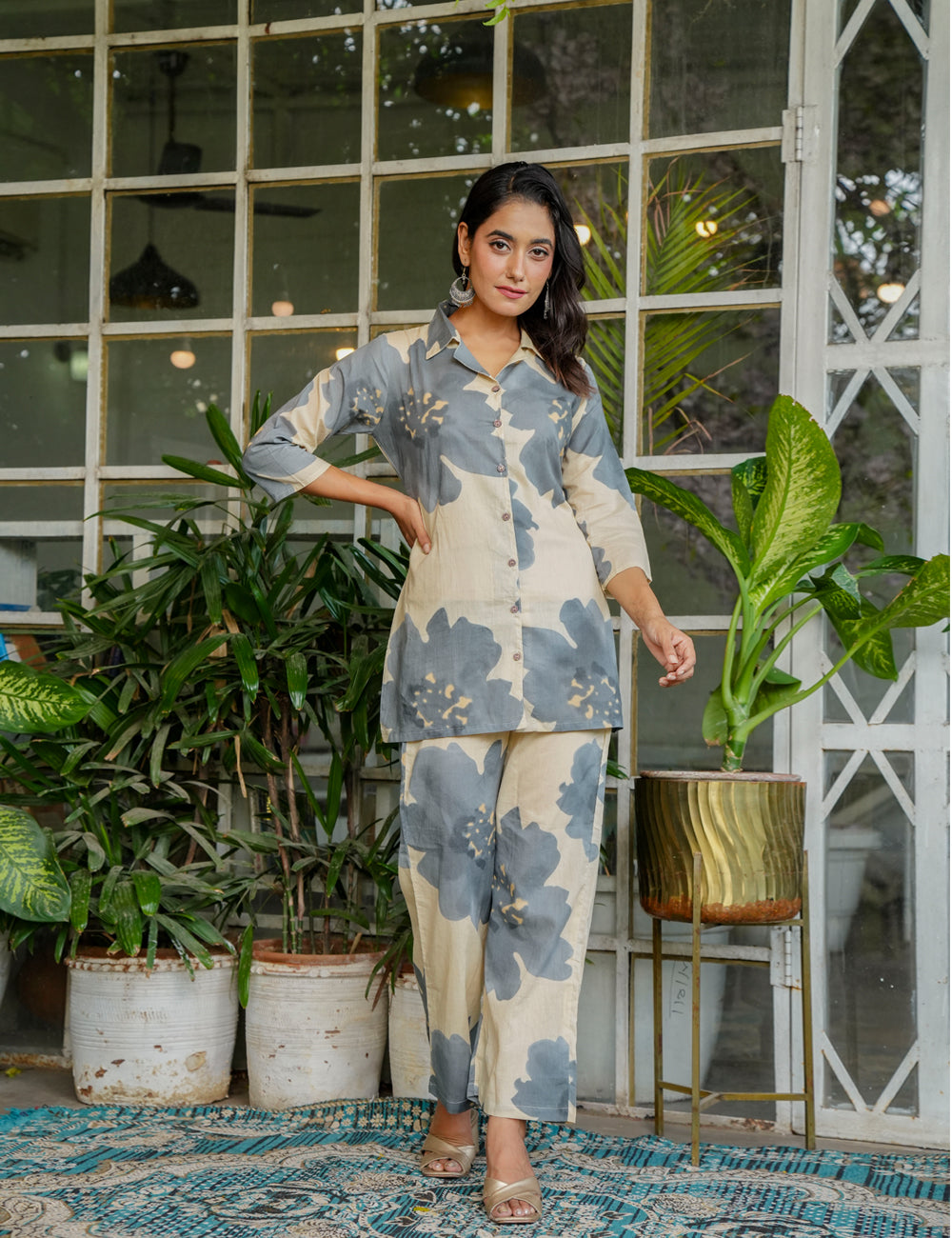Smoky grey floral motifs Sanganeri Printed Relaxed Fit Cotton Co-ord Set - HL135
