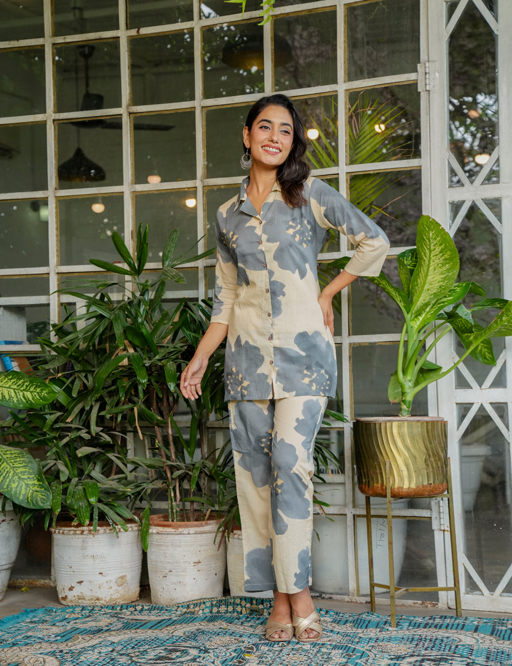 Smoky grey floral motifs Sanganeri Printed Relaxed Fit Cotton Co-ord Set - HL135