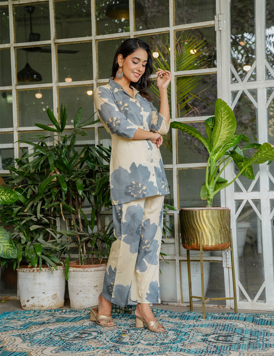 Smoky grey floral motifs Sanganeri Printed Relaxed Fit Cotton Co-ord Set - HL135