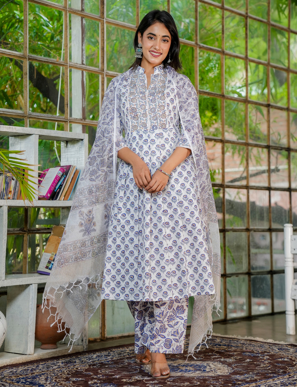 Floral Hand-Block Printed Cotton A-line Collared Neckline Kurta Set with Kota Doria Dupatta - HL35