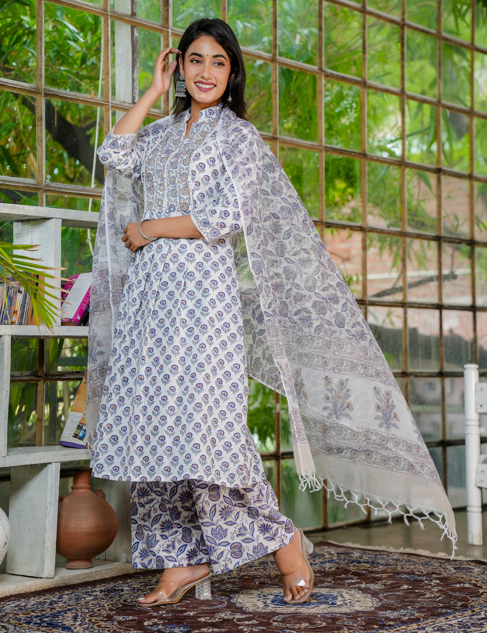 Floral Hand-Block Printed Cotton A-line Collared Neckline Kurta Set with Kota Doria Dupatta - HL35