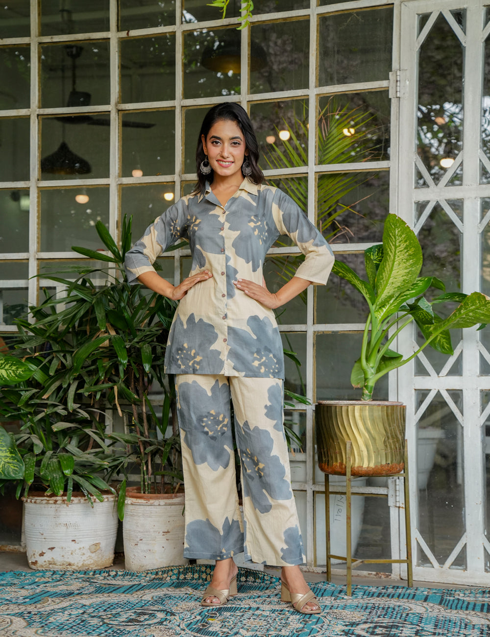 Smoky grey floral motifs Sanganeri Printed Relaxed Fit Cotton Co-ord Set - HL135