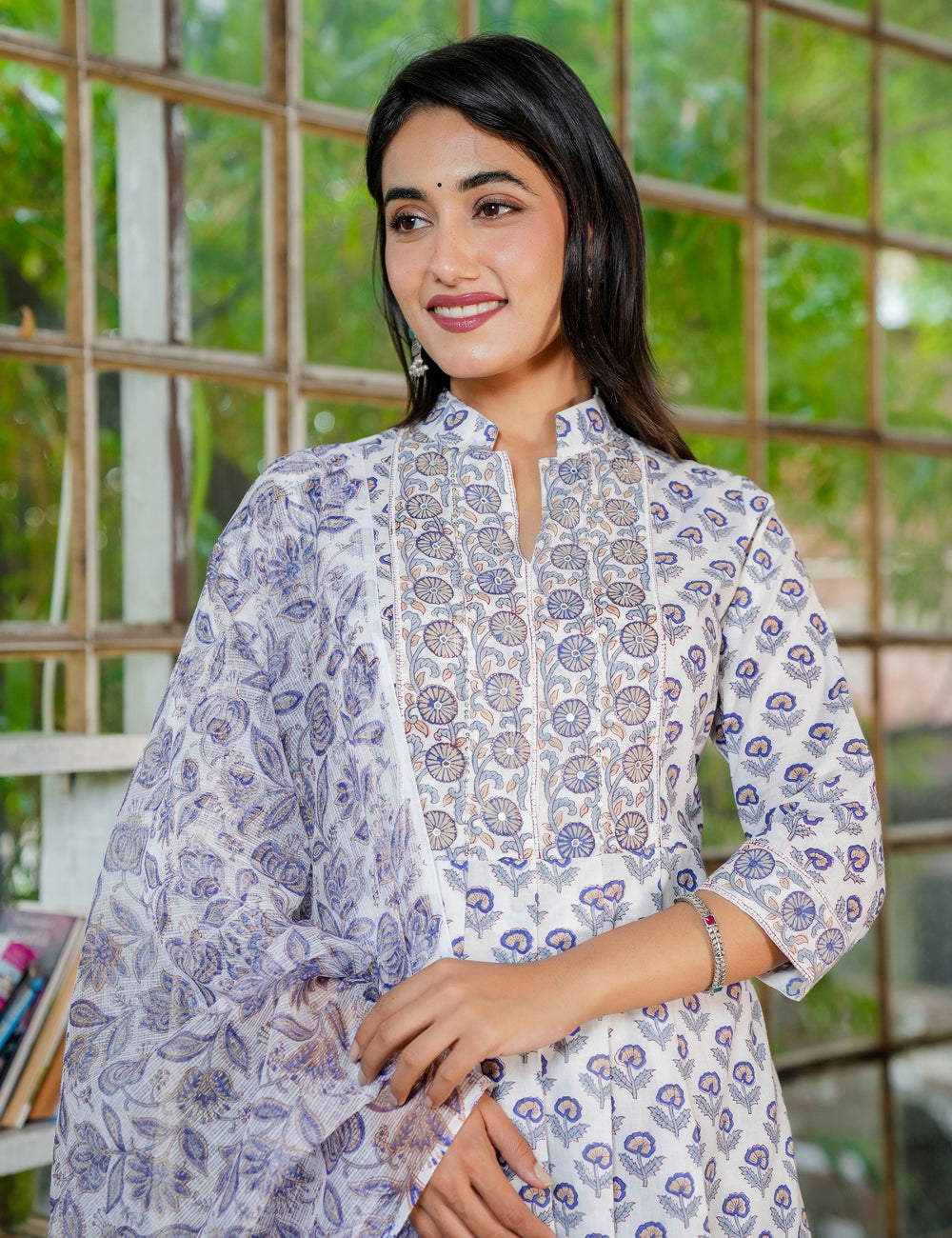 Floral Hand-Block Printed Cotton A-line Collared Neckline Kurta Set with Kota Doria Dupatta - HL35