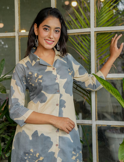 Smoky grey floral motifs Sanganeri Printed Relaxed Fit Cotton Co-ord Set - HL135