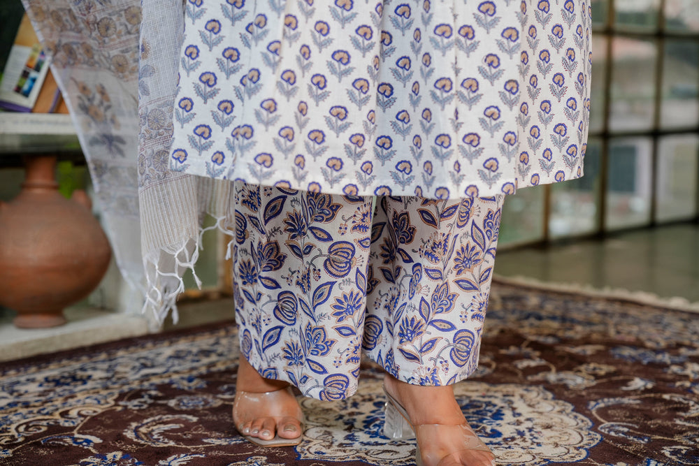 Floral Hand-Block Printed Cotton A-line Collared Neckline Kurta Set with Kota Doria Dupatta - HL35