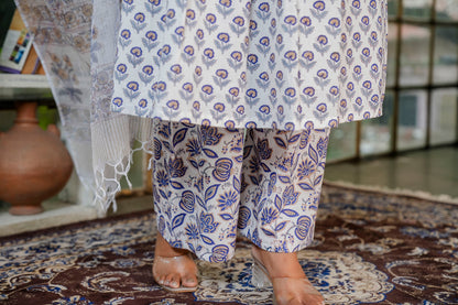 Floral Hand-Block Printed Cotton A-line Collared Neckline Kurta Set with Kota Doria Dupatta - HL35