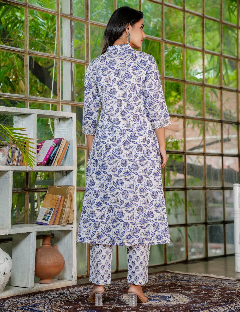 Hand Block Cotton A-line, V-shaped Collared Neckline Kurta Set with Kota Doria Dupatta - HL36
