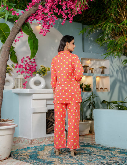 Vibrant coral-orange Sanganeri Printed Relaxed Fit Cotton Co-ord Set - HL136
