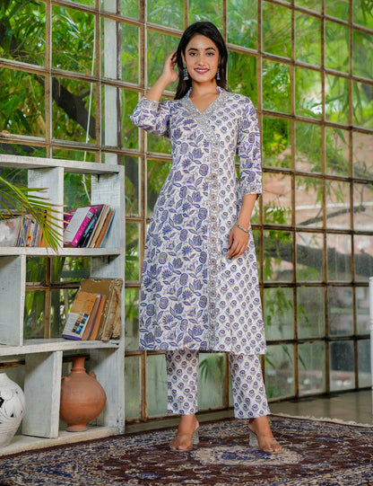 Hand Block Cotton A-line, V-shaped Collared Neckline Kurta Set with Kota Doria Dupatta - HL36