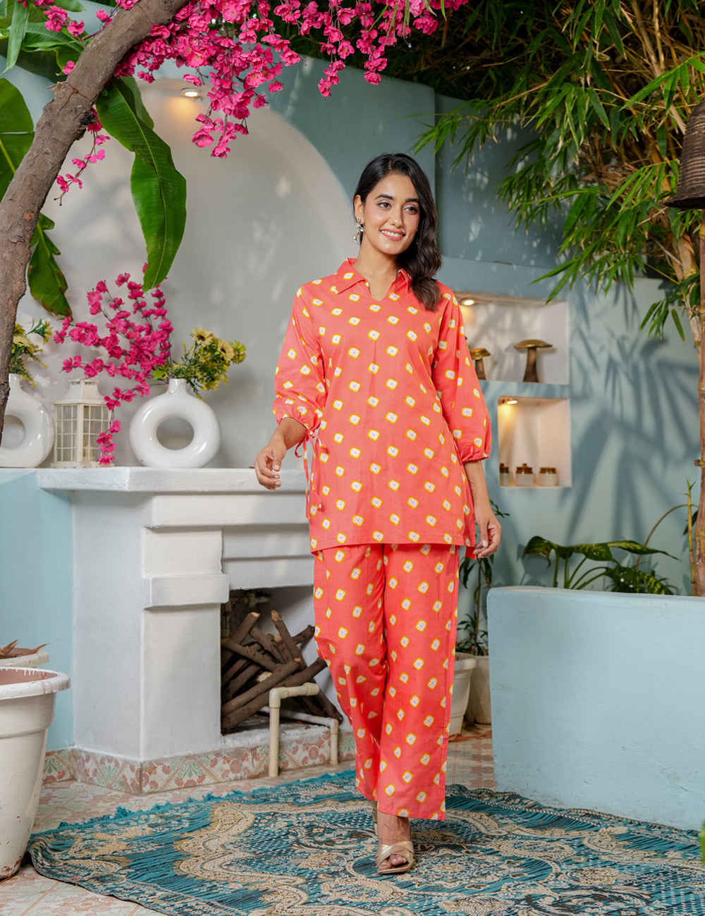 Vibrant coral-orange Sanganeri Printed Relaxed Fit Cotton Co-ord Set - HL136